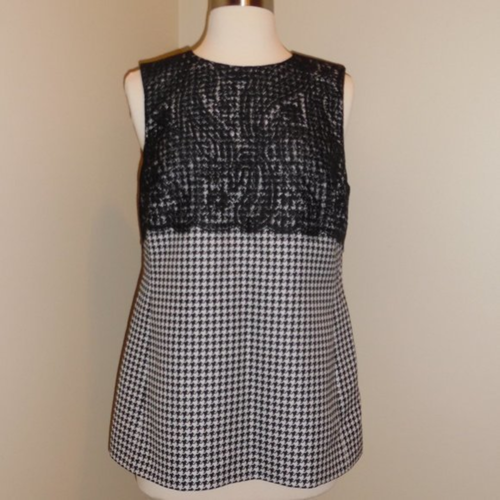 Michael Kors‎ Collection Italy Sleeveless Work Wool Lace Houndstooth Top Blouse